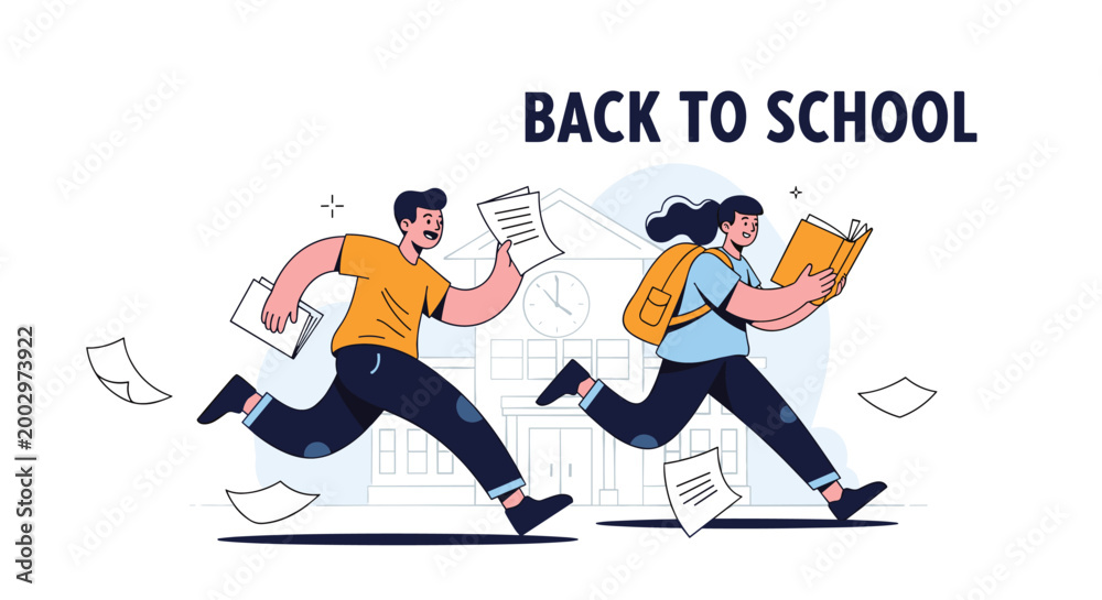 Fototapeta premium Energetic students in casual clothes running toward school building with books and flying papers celebrating the start of the academic year.