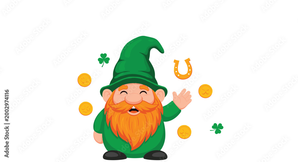 Fototapeta premium Cheerful cartoon leprechaun waving and surrounded by lucky gold coins, shamrocks, and a golden horseshoe symbol.