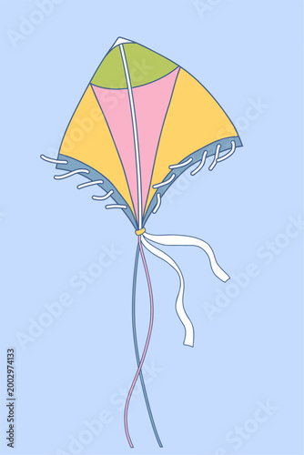 Classic colorful kite with decorative white strings.
