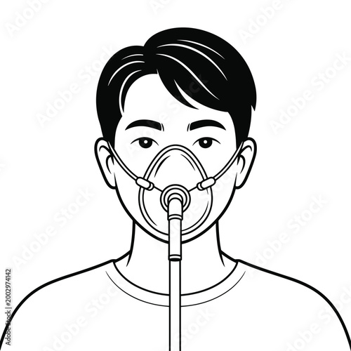 Young Man Wearing Oxygen Mask Close-up Portrait, Hospital Care Equipment, Breathing Support Medical Treatment Procedure for Respiratory Illness Recovery, Patient Receiving Respiratory Therapy, Healthc