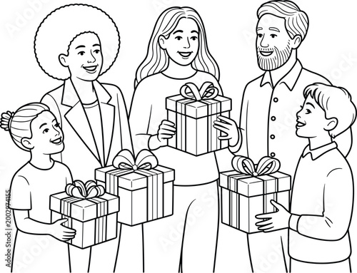 Diverse family holiday celebration: parents and children happily receiving and sharing wrapped gift boxes with bows during a joyous festive occasion, conveying togetherness, love, and giving, perfect
