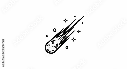 Stylized black and white illustration of a comet streaking across a white background