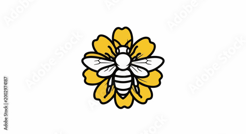 Stylized bee on a yellow flower with detailed wings and body