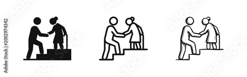 Icon of a person helping an elderly woman climb stairs representing care, assistance, and social support.