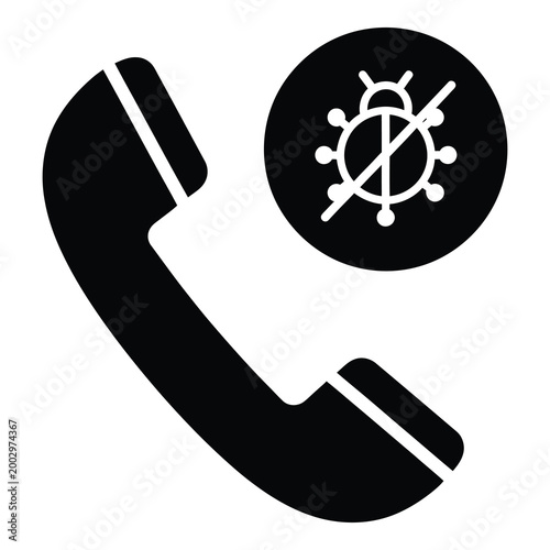 Telephone handset icon with a bug or virus symbol indicating spam call protection