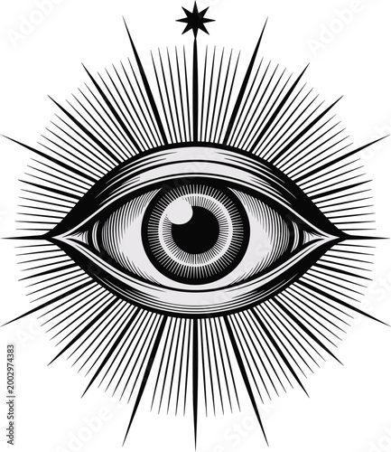 All-Seeing Eye Symbol, Mystic Celestial Starburst Emanating Enlightenment, Spiritual Significance for Wisdom and Divine Protection, Occult Occurrences, Esoteric Mysticism, Masonic Symbolism, Concept o