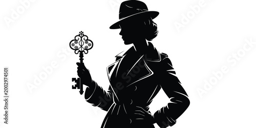 Mysterious Silhouette of a Detective Woman in a Fedora and Trench Coat Holding an Ornate Antique Key, Symbolizing Secrets and Solutions, Isolated on White Background for Intrigue and Mystery Concepts,