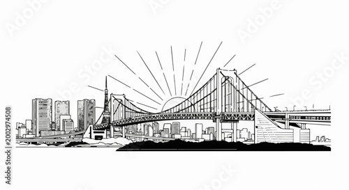 Stylized black and white cityscape with a large suspension bridge and rising sun