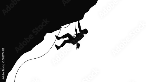 Silhouette of determined rock climber scaling a steep overhang against a stark white background, embodying adventure, extreme sports, perseverance, peak performance, and the thrill of nature's challen