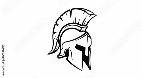 Stylized black and white depiction of a warrior's helmet with a crest