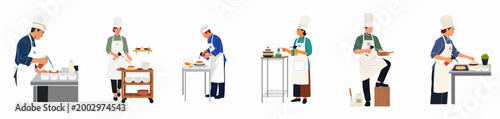 Tableau sur toile Flat vector illustration set of diverse professional pastry chefs using blowtorches to caramelize desserts like creme brulee and flan on white background