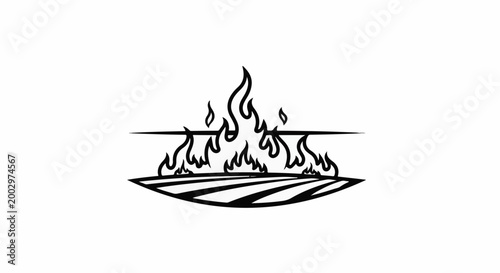 Stylized black and white depiction of flames over a field