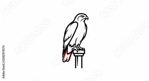 Stylized black and white bird of prey perched on a post