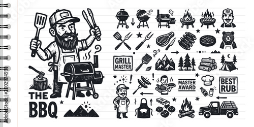Cuadro en lienzo Vintage Woodcut BBQ Icon Set with Bearded Chef Grill Tools and Camping Elements