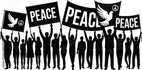 Silhouetted Protesters March with Peace Signs and Dove Flags, Demonstrating Unity and Activism for Social Justice, Human Rights and Nonviolence in a Public Demonstration, Vector Illustration Represent