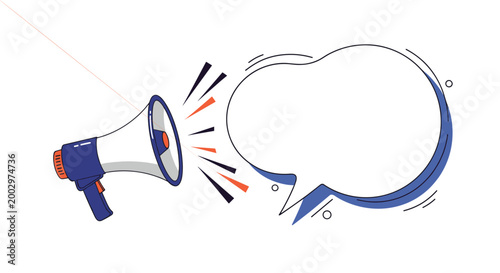 Megaphone with large empty speech bubble for announcement, advertising message, and public relations in a clean modern graphic style.