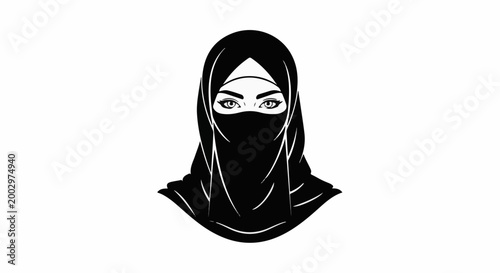 Striking eyes peer from a black veil and hijab, isolated on white