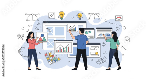 Team of developers and designers collaborating on web interface layout and data visualization for a professional digital project.