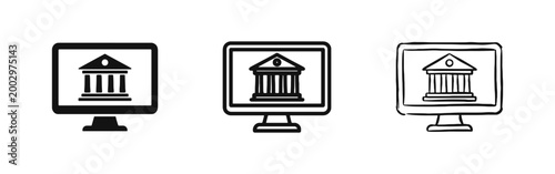 Online banking or e-government icon with a classical building on a computer screen in three different styles.