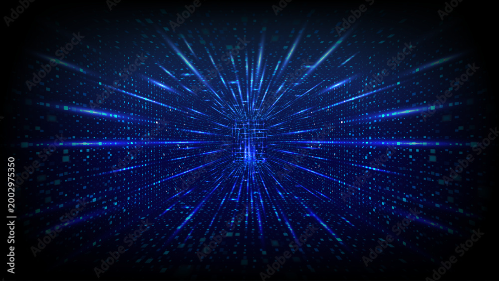 Fototapeta premium Modern data center with neon blue grid lines creating digital tunnel perspective. Abstract tech background with glowing data streams and futuristic network design. Technology vector illustration.
