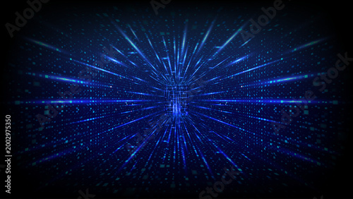 Modern data center with neon blue grid lines creating digital tunnel perspective. Abstract tech background with glowing data streams and futuristic network design. Technology vector illustration.