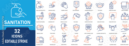 Sanitation and Hygiene Line Icon Set. Contains icons related to hand washing, sanitizer, disinfectant, cleaning, medical hygiene, virus protection, health safety, and infection prevention. Editable st