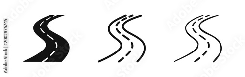 Cuadro en lienzo Winding road icon representing a journey, travel, path, and future direction in three different graphic styles