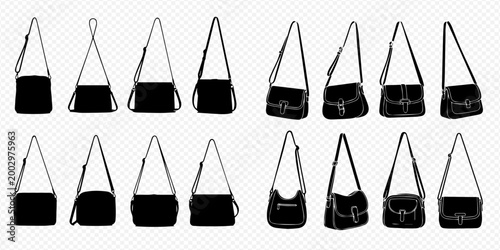 Set of black silhouettes of fashionable women's shoulder bags and handbags with long straps.