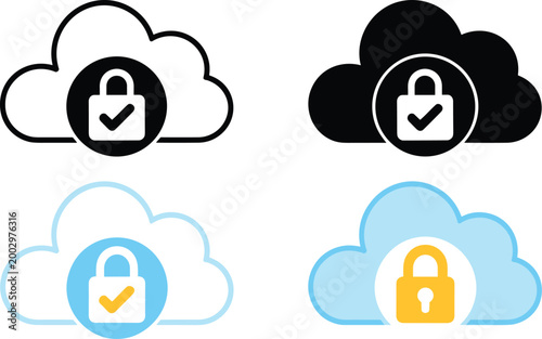 Set of four cloud security icons: outline cloud with black lock and checkmark, solid black cloud with white lock and checkmark, light blue cloud with blue lock and yellow checkmark, and light blue clo