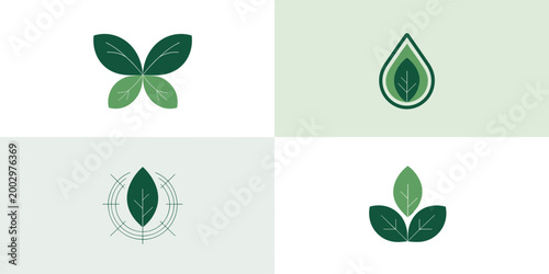 Set of Four Abstract Organic Leaf Logos representing nature, growth, and sustainability. Clean and modern minimalist vector illustrations with a natural color palette for environmental branding, eco-f