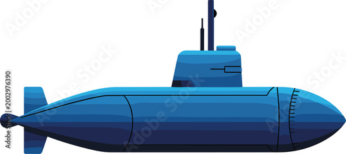 Illustrative Blue Submarine Navigating Deep Ocean Waters for Military Operations, Underwater Exploration, Scientific Research, and Naval Warfare Defense; Vector Art, Clean Design, and Modern Technolog