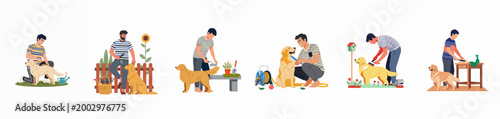 Obraz na płótnie Set of illustrations showing men grooming and caring for their golden retriever dogs in various outdoor garden settings
