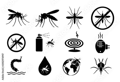 Mosquito Silhouette Icon Set – Insect Bite Repellent Pest Control Collection