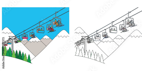 Winter sports illustration: Colorful ski chairlift with skiers over snowy mountains, alongside a black and white line art version perfect for coloring books.