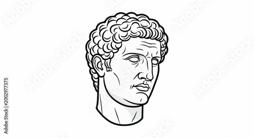 Stylized, bold-lined illustration of a marble bust with curly hair