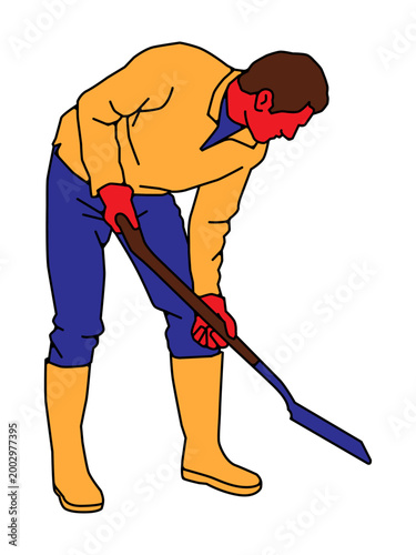 Vibrant pop-art illustration of a man in boots and gloves working with a shovel.