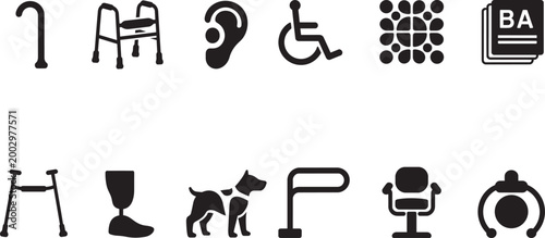 Accessibility icons set for medical assistance and personal care for people with disabilities