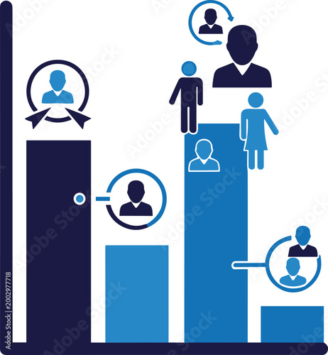 Corporate recruitment strategy graph visualising employee selection and talent management with people icons set.