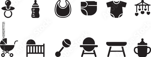 Baby care with baby crib newborn essentials and baby products icons set with pacifier with bib