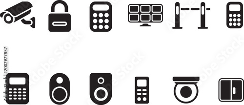 Home security icons set showing surveillance camera lock keypad monitor barrier and speakers