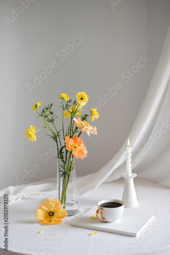 Spring Flower Vase Candle Coffee Cup Styled Table Curtain