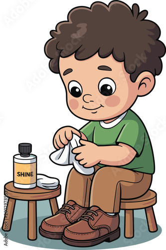 Young boy diligently polishing brown leather shoes on a wooden stool with a bottle of shoe shine polish and a cloth, outdoor scene, showcasing responsibility and care, perfect for childhood education,