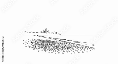 Sketch of a rocky shore meeting the sea with a distant city skyline