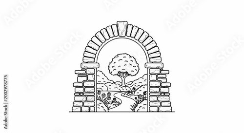 Foto Stone archway frames a winding path through a garden with a large tree