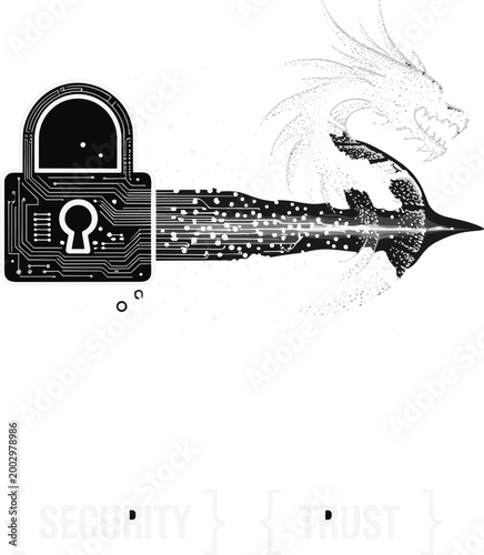 Digital Cybersecurity Security Dragon Symbol: Abstract Lock Encrypting Data Streams Infused with Trust and Technological Innovation, Representing Cyber Protection, Network Defense, Data Integrity, Sys