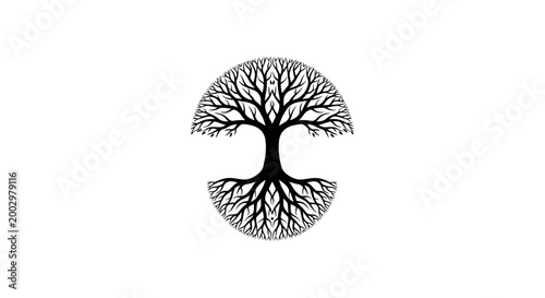 Abstract Tree of Life Silhouette, Roots and Branches, Circle Design