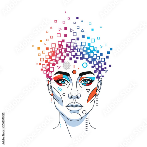 Abstract Woman Face with Geometric Shapes and Pixelated Hair - Digital Art