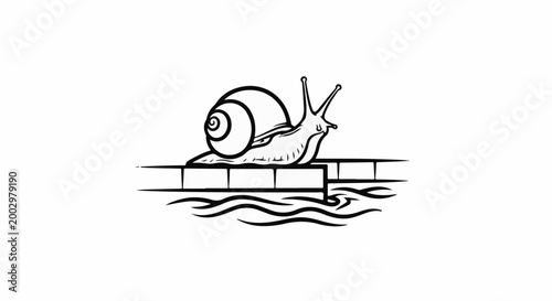 Stylized black and white illustration of a snail on a brick wall above wavy lines