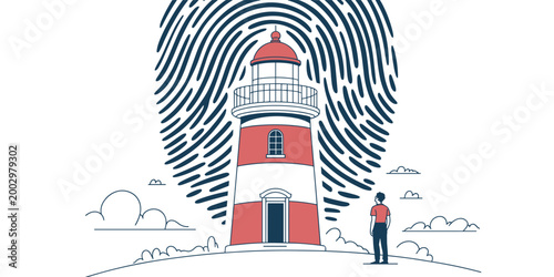 Unique Identity Beacon: Person gazes at fingerprint lighthouse guiding towards secure digital future and cybersecurity solutions, symbolizing anonymity, data protection, privacy, and self-discovery in