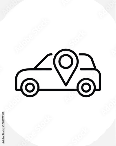 Vehicle Route Navigation Icon: Compact car silhouette with a prominent map marker location pin overlaid, illustrating travel planning, navigation app interface and destination search for ride-sharing